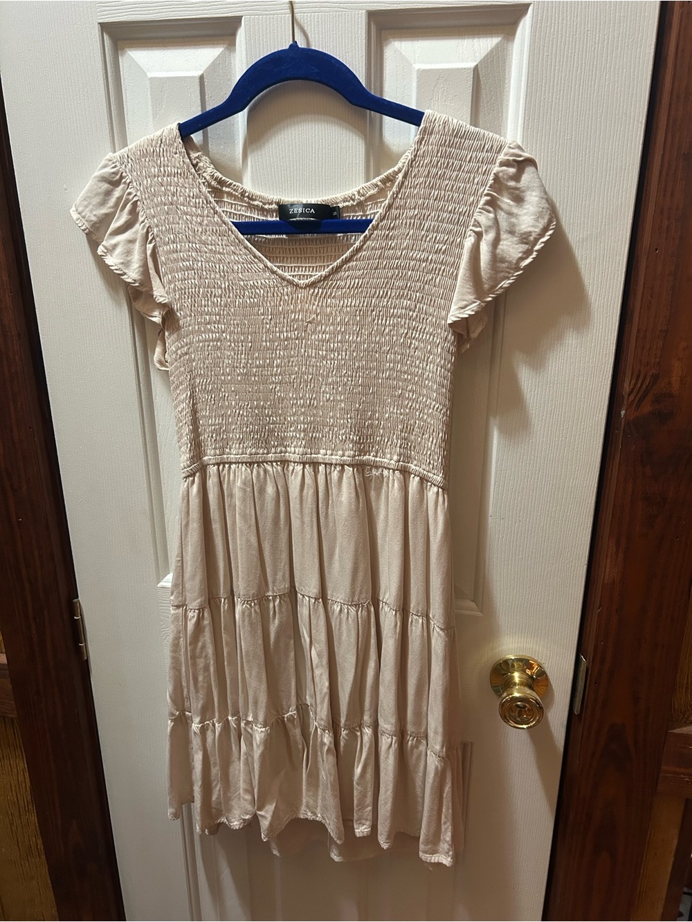 Zaful Cream Smocked V-Neck Tiered Mini Dress